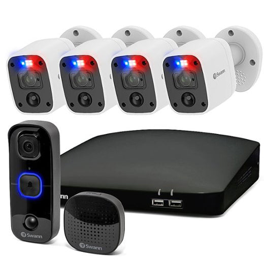 Swann - Enforcer New Home Security Starter Kit 4-Channel, 4-Camera Indoor/Outdoor Wired 4K Ultra HD DVR 1TB HDD & Video Doorbell - Black